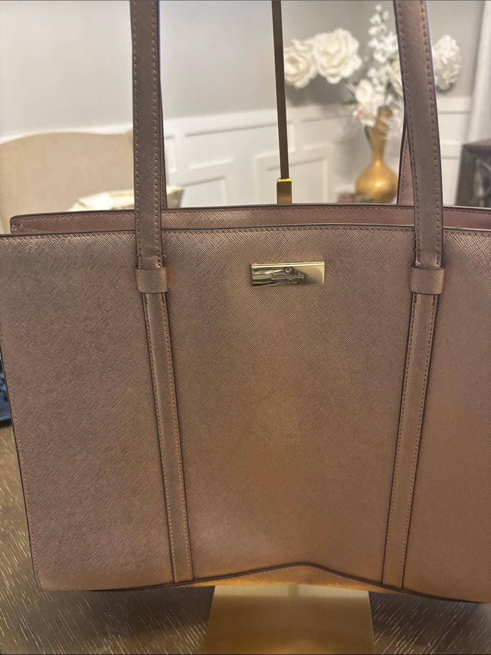kate spade bronze metallic saffiano leather tote with gold plaque